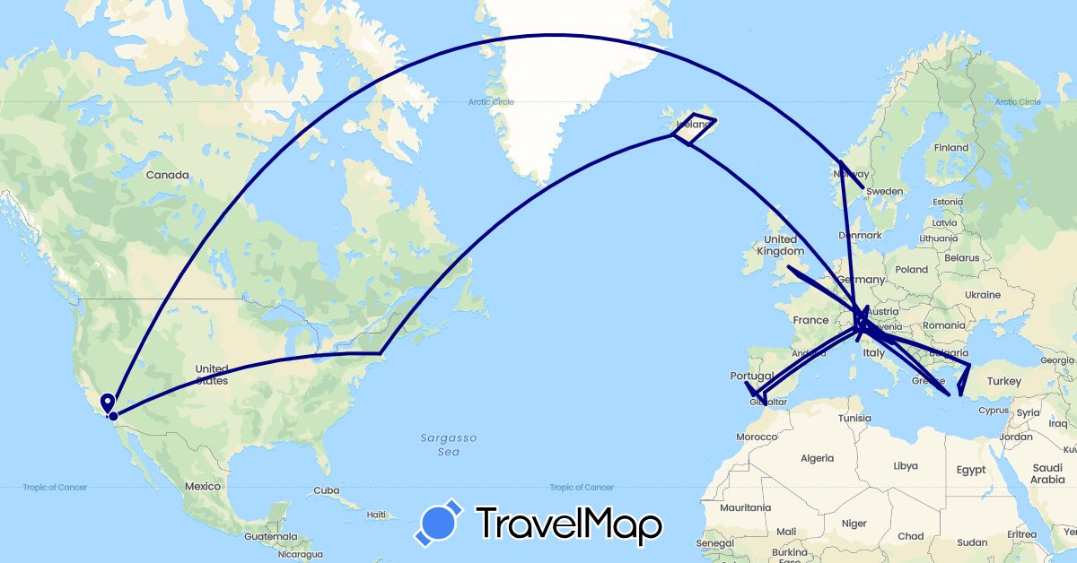 TravelMap itinerary: driving in Switzerland, Germany, Spain, United Kingdom, Greece, Croatia, Iceland, Italy, Morocco, Norway, Portugal, Turkey, United States (Africa, Asia, Europe, North America)